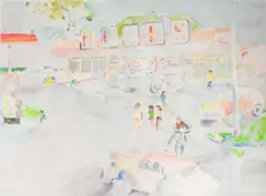 Untitled by Walter Sorge, watercolor of a grocery store, offered Jun 2026