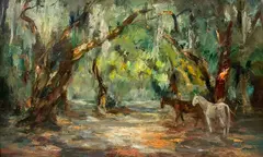 Tod Lindenmuth, Untitled, oil on board painting of horses