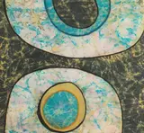 Signed to the lower right corner. Harry Hilson was active from the 1950s-1990s. He created a variety of works, including by Abstract batik by Harry Hilson, oil paintings, ink drawings, wool tapestries, wax paintings, video art, sculptur, offered Jan 2026