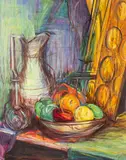 Untitled by Constance Creech, oil on board still life, offered Jan 2026