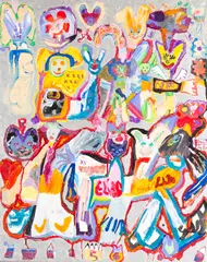 Party Without Me by Elias Lugas, 2023, mixed media on canvas, offered Jan 2026