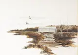 Untitled by Henry Bell, watercolor of a covered bridge, offered Nov 2025