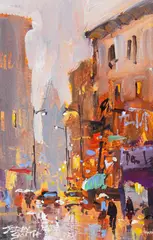Untitled by Jerry Smith, acrylic painting of a city, offered Nov 2025