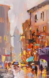 Untitled by Jerry Smith, acrylic painting of a city, offered Nov 2025
