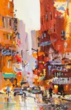 Untitled by Jerry Smith, acrylic painting of a city street, offered Nov 2025