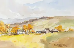 Untitled by Jerry Smith, watercolor of a farm, offered Nov 2025