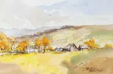 Untitled by Jerry Smith, watercolor of a farm, offered Nov 2025