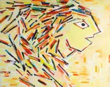 Untitled by James Yoko, acrylic and collage on canvas painting of a figure, offered Sep 2025