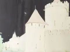 Carcassonne by Paul F. Samuelson, 1993, watercolor and ink drawing of a castle, offered Sep 2025