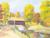 Untitled by Hazel Pickens, oil on canvas painting of a covered bridge, offered Sep 2025