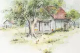 Untitled by Alta Williams, 1970s, watercolor painting of a farm, offered Sep 2025