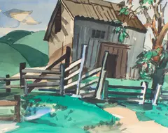 George Post, Untitled, watercolor painting of a barn