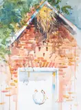 Untitled by Barbara Jablin, watercolor painting of a barn, offered Sep 2025