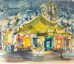 Untitled by Marjorie Stevens, watercolor painting of a carnival, offered Jun 2025