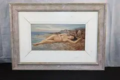 Pasquale Picazio, A captivating oil on board painting by renowned Italian artist Pasquale Picazio. This artwork features a reclining nude figure set against a serene beach backdrop, Oil on Board