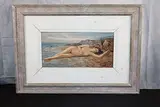 Pasquale Picazio, A captivating oil on board painting by renowned Italian artist Pasquale Picazio. This artwork features a reclining nude figure set against a serene beach backdrop, Oil on Board