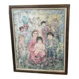 Edna Hibel, Untitled, Oil on Canvas Subject: Figurative family landscape with mothers and children Frame
