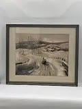 Winter Road by Moseman, Description: A serene winter landscape painting signed “Moseman ‘48,” depicting a horse-drawn sleigh traveling along a winding snow-covered country road. The work captures the peaceful essence of rural life with delicate brushwork and soft muted tones, Watercolor