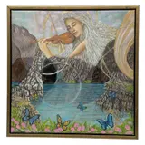This vibrant mixed media work features a central female figure with flowing white hair playing a violin by Oscar Jaramillo, Mixed media on canvas, offered Jul 2026
