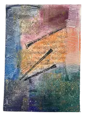 Original by Anabel Hewitt, mixed media art featuring musical instruments and, offered Sep 2026