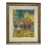 A mid-century style color lithograph depicting a young girl standing near a fence in a colorful garden landscape filled with vivid foliage and trees. Rendered in a post-impressionist style with expressive strokes by In the Garden by Sacha Moldovan, Color Lithograph, offered Sep 2026