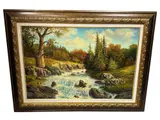 Serene landscape composition by artist Bacci Jesus Villaflor depicting a flowing mountain stream winding through a rocky forest setting. The scene features clear rushing water cascading over stones by "Mountain Stream" by Jesus Villaflor Bacci, Oil on canvas, offered Sep 2026