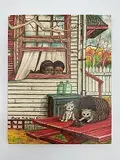 Charming rural scene of two children peeking through a red-trimmed window while two kittens play on a red picnic table below by Window Watchers by Edna Gibson, Oil on Canvas, offered Aug 2026
