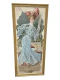 Large antique Belle Époque poster design depicting a fashionable woman in a blue patterned dress holding binoculars on a ship deck. Signed "G. F. Kober" in the matrix lower right. Published by The H. B. Claflin Co. by "Canvas Illuminé" by George F. Kober, Lithograph, offered Sep 2026