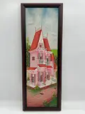 Vertical painting of a traditional Haitian-style gingerbread house with red roof and white lattice, signed “Luckrin Y.” Medium: by Pink House by Luckrin Y, Acrylic on canvas Dimensions: H:32in L:12in, offered Jul 2026