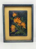 Thick-textured floral bouquet (sunflowers or asters) on a dark blue background, signed Barbara. Dimensions: H:21in L:16in Medium: by Sunflowers on Blue by Barbara, Oil on board, offered Jul 2026