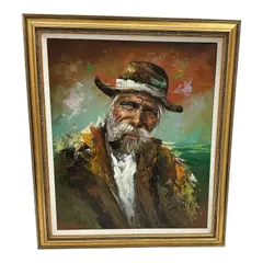 Roy Pierce, Portrait of an Old Man (Man with Pipe), Oil on canvas Signature: Signed by the artist in paint (lower right) Specs (Dimensions): 28.5 x 24.5 inches (Frame size) Roy Pierce American artist vintage 1970s mid-century original oil painting on canvas portraiture portrait rustic old man elder gentleman long white beard mustache smoking smoking pipe pipe tobacco fisherman captain sea sea captain weathered face expressionist expressionism impasto textured brushwork gold gilt wood frame fine art collectibles home decor estate auction.