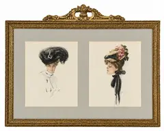 Portraits of Women in Elegant Hats (Pair in Frame) by Harrison Fisher, 1907, Color Prints / Lithographs on Paper Signature: Print-signed by the artist Framing: Ornate Gilt Frame with Crest Top and , offered Sep 2026