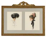 Portraits of Women in Elegant Hats (Pair in Frame) by Harrison Fisher, 1907, Color Prints / Lithographs on Paper Signature: Print-signed by the artist Framing: Ornate Gilt Frame with Crest Top and , offered Sep 2026