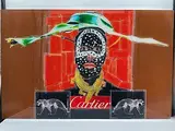 Bold by Cartier Warrior by Carlos Felix, mixed media portrait on a burnt orange background, depicting a stylized face ado, offered Jul 2026