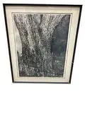 Untitled by Susan Byrne, Appears to be an etching or woodcut print (unconfirmed, based on visual style) Subject: Trees behind a fence, natural/ab, offered Jul 2026
