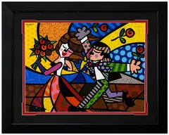 Romero Britto, Follow Me, Mixed Media / Serigraph on Paper Signature: Hand-signed by the artist in black ink in the upper left corner "Romero Britto" Framing: Housed in an elegant, wide-profile matte black museum frame with a deep black fabric mat and a vibrant red inner bevel liner