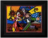 Romero Britto, Follow Me, Mixed Media / Serigraph on Paper Signature: Hand-signed by the artist in black ink in the upper left corner "Romero Britto" Framing: Housed in an elegant, wide-profile matte black museum frame with a deep black fabric mat and a vibrant red inner bevel liner