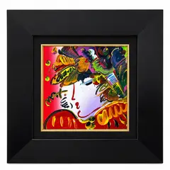 Peter Max, Blushing Beauty, Mixed Media / Acrylic on Canvas Signature: Hand-signed by the artist in paint along the left edge of the image field "Max" Framing: Housed in an elegant, wide-profile stepped matte black museum frame with a textured black fabric liner and a gilded gold-leaf inner bevel