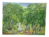 A vibrant impressionist landscape capturing a ethereal procession moving through a sun-drenched forest. Nebel utilizes a rich by "Woodland Procession" by Gustave Nebel, Oil on Canvas, offered Jul 2026