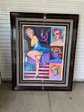 Christian Riese Lassen, A pop art homage depicting Marilyn Monroe standing in her iconic wind-blown dress posture over an American flag motif, Original Mixed Media on Panel