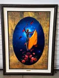 A surrealist mixed media composition centered on a stylized female figure in a flowing yellow dress set within a dark blue oval vignette filled with floating red roses by Bellarosa Christian Riese Lassen, Mixed Media, offered Sep 2026