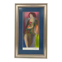 This limited-edition serigraph on paper by French artist Linda Le Kinff features a stylized portrait of a seated woman draped in fabric and clutching pink blossoms. Rendered in Le Kinff's signature figurative style with flowing lines and a vibrant color palette of magenta by Rosaline by Linda Le Kinff, Serigraph, offered Sep 2026