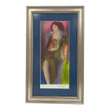 This limited-edition serigraph on paper by French artist Linda Le Kinff features a stylized portrait of a seated woman draped in fabric and clutching pink blossoms. Rendered in Le Kinff's signature figurative style with flowing lines and a vibrant color palette of magenta by Rosaline by Linda Le Kinff, Serigraph, offered Sep 2026