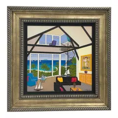 “Penthouse Over the Bay,” a hand-embellished serigraph on canvas by French artist François “Fanch” Ledan. The composition depicts a sophisticated contemporary penthouse interior overlooking a tropical waterfront by Duplex over Stinson by Fanch Ledan, Serigraph on Canvas, offered Sep 2026
