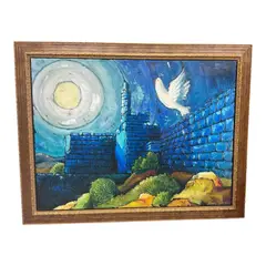 This large-scale expressionist Judaica painting by Israeli artist Haim Sherrf depicts a white peace dove soaring above the ancient walls of Jerusalem bathed in deep blue and turquoise hues. Features heavy impasto texture by Dove of Peace by Haim Sherrf, Mixed Media on Canvas, offered Sep 2026