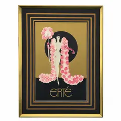 Erté, Pink Boa, Vintage graphic exhibition poster / lithograph print Features: Multi-tiered custom geometric matting, gold-toned gallery frame Specs (Dimensions): 31.5 x 41.5 inches (Frame size) Art Deco fashion illustration vintage exhibition poster French glamour theatrical costume design Romain de Tirtoff pink feather boa plume fan flapper era graphic print lithograph gold and black geometric matting custom framing decorative wall art high fashion gallery display fine art inventory estate auction catalog ready.