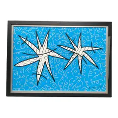 Romero Britto, Night Stars, 2011, Acrylic and mixed media on canvas Signature: Signed lower right; further signed, titled, and stamped on the reverse Specs (Dimensions): 28 x 40 inches (Canvas size) Romero Britto Brazilian artist Miami pop art neo pop modern star fine art original painting acrylic mixed media celestial night stars blue silver graphic pattern illustration signed dated 2011 contemporary art collector authentic estate stamp black gallery frame interior design luxury decor auction ready inventory logistics.
