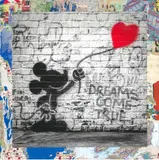This original mixed-media work on paper by contemporary street artist Mr. Brainwash features a stenciled black silhouette of Mickey Mouse set against a monochrome brick wall background tagged with the phrase "DREAMS COME TRUE." The figure holds a single spray-painted red heart-shaped balloon in a clear homage to Banksy's iconic "Girl with Balloon." The central brick wall composition is framed by an outer collage border of torn posters by "Dreams Come True" by Mr. Brainwash, Mixed Media on Paper, offered Sep 2026