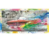 This unique 1-of-1 original mixed-media work on paper by contemporary street artist Mr. Brainwash features Leonardo da Vinci’s Mona Lisa piloting a classic wooden Riva speedboat along a European coastal village setting. The black-and-white base photograph is layered with heavy by "Mona Lisa Riva" by Mr. Brainwash, Mixed Media on Paper, offered Sep 2026