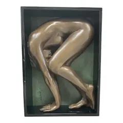 Bill Mack, Enigma, Cast bronze high-relief sculpture Signature: Hand-signed and numbered in ink on the lower-left background panel Edition Number: 60/95 Specs (Dimensions): 37 x 26.5 x 8 in. Bill Mack American sculptor high relief alto relief cast bronze sculpture shadowbox frame female nude body athletic form anatomy muscles compressed contained boxed contortionist modern realism figurative art limited edition signed numbered 60/95 verdigris background gallery replacement luxury art collection auction ready enigma classical balance body line pose inventory logistics database catalog ready entry data sheet.